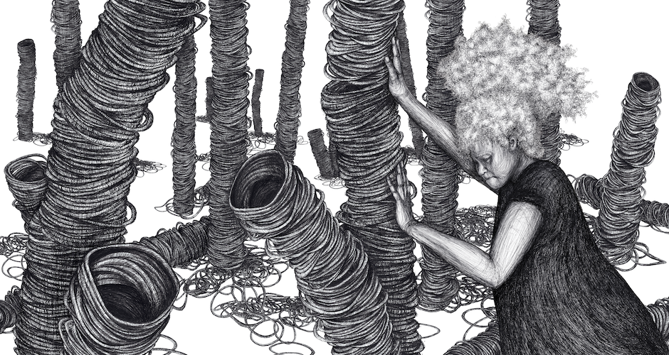 drawing of a woman pushing hair tie tower