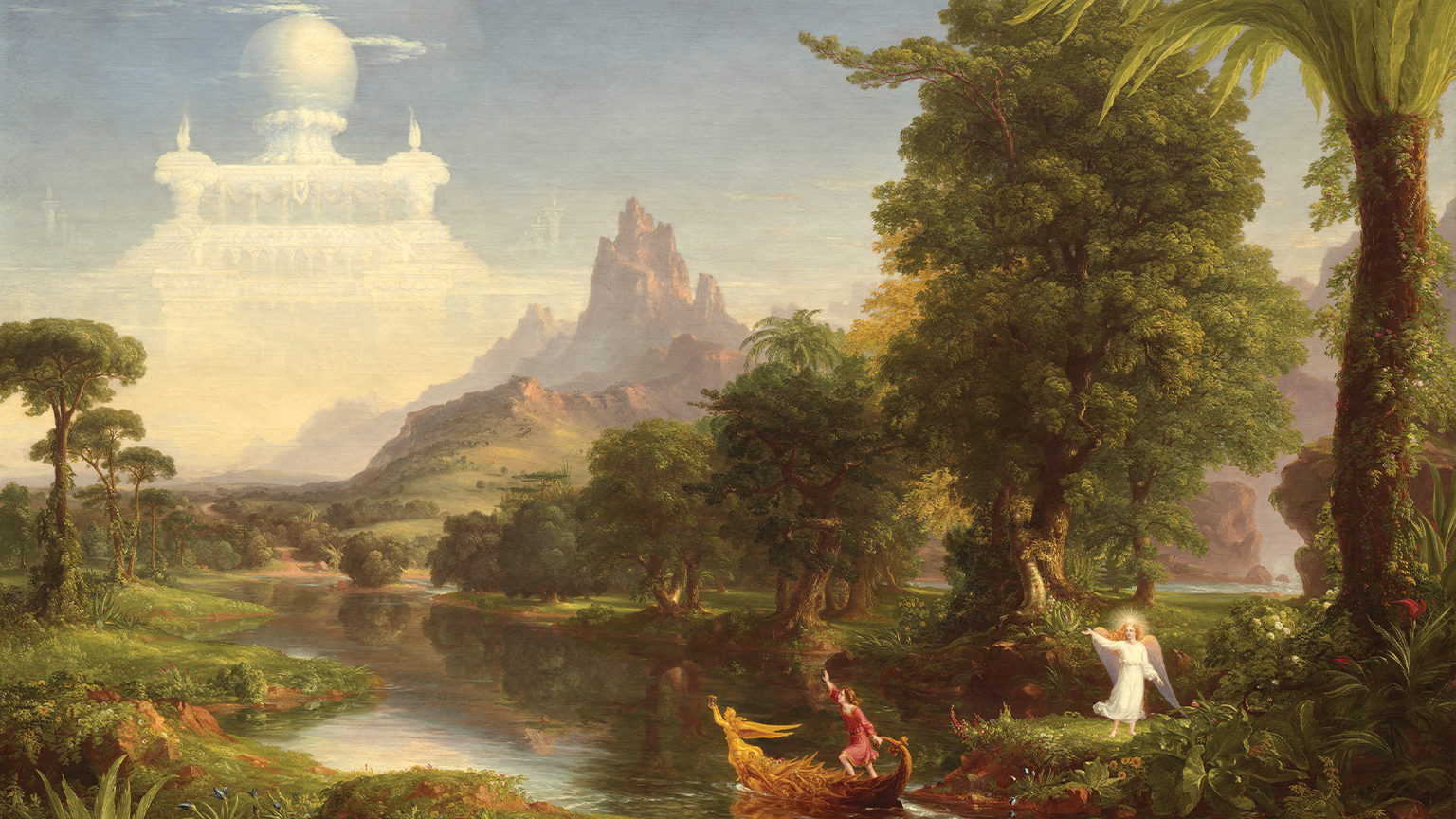 Painting of a river with an angel, person on a boat, and a palace in the sky.