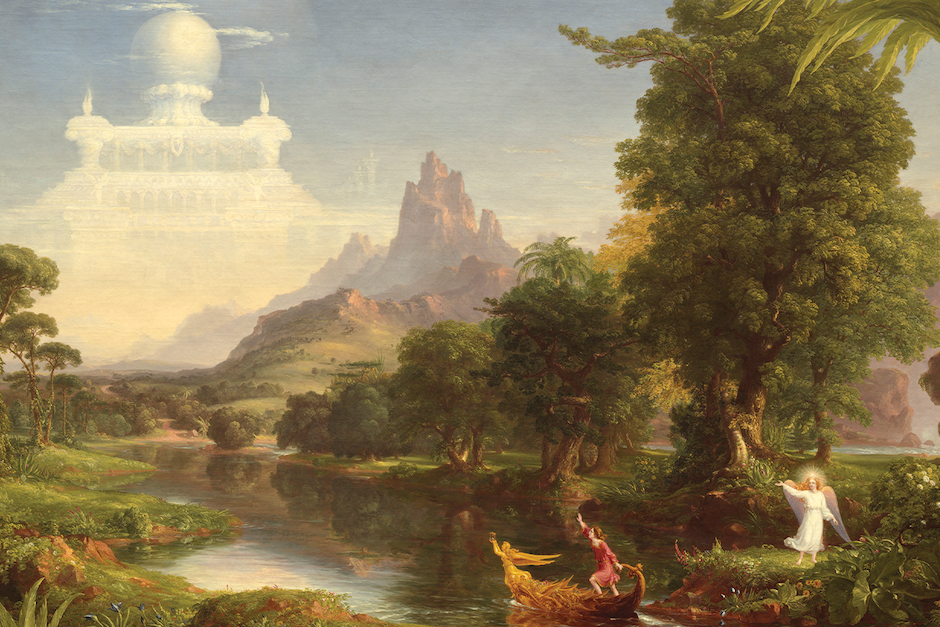 youth in a boat on a river with a mythical castle in the background