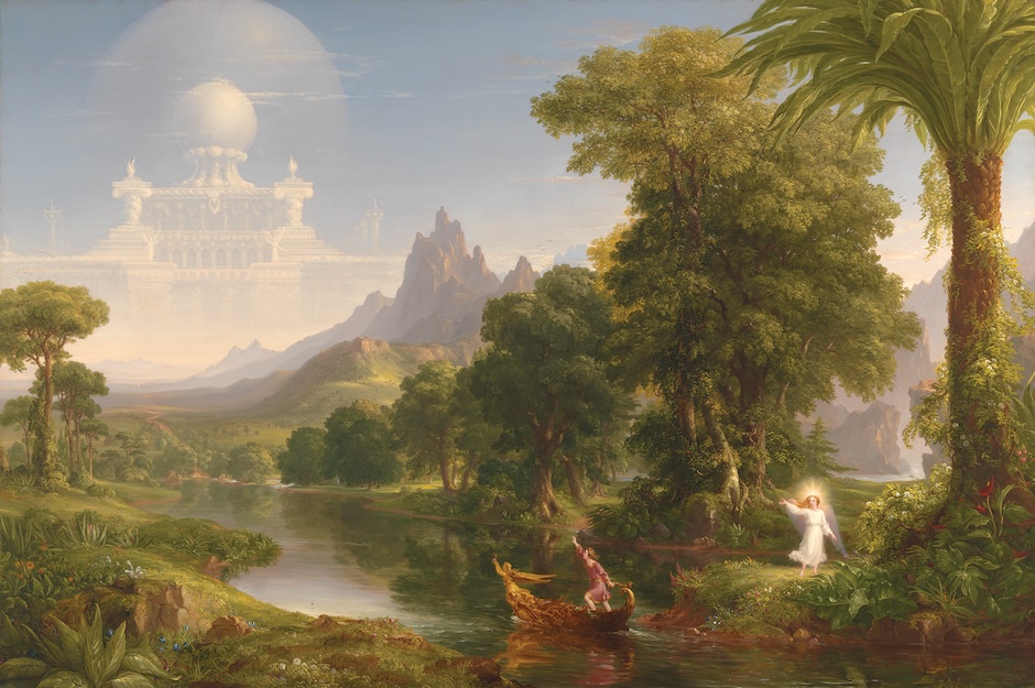 man on a boat with a castle in the background and an angel on the bank