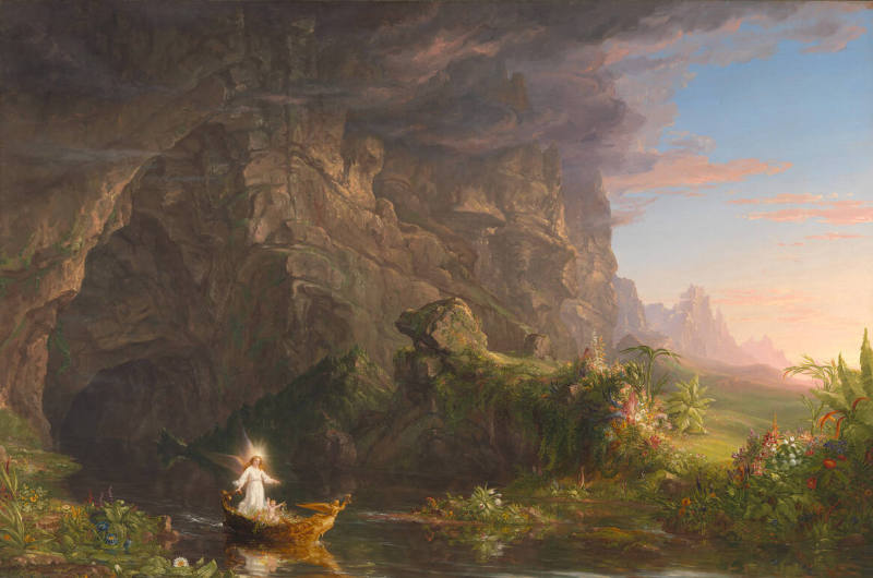 Painting of a river with an angel, person on a boat, and sun is rising in the sky.