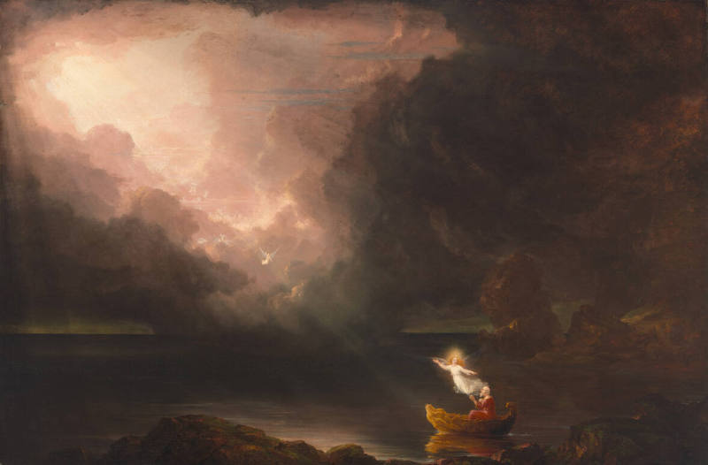 Painting of a river with an angel, person on a boat, and sun breaking through clouds in the sky.