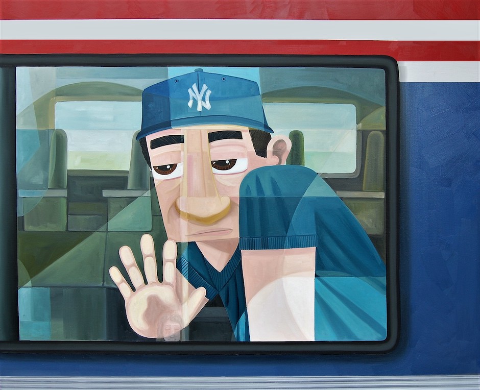 modern painting of person in a baseball cap with his hand against the window of a bus.